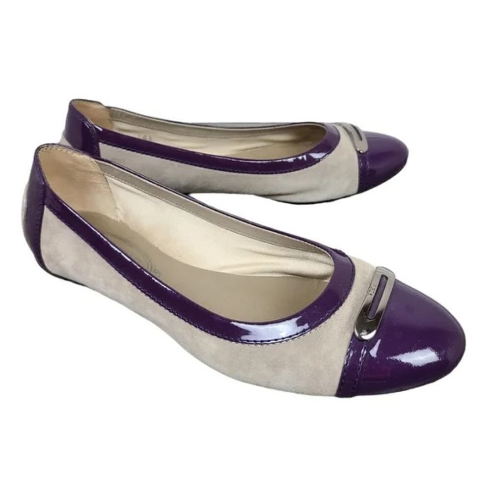 TODS Cream Suede & Purple Patent Leather Embellished Cap Toe Ballet Flats Sz 5.5